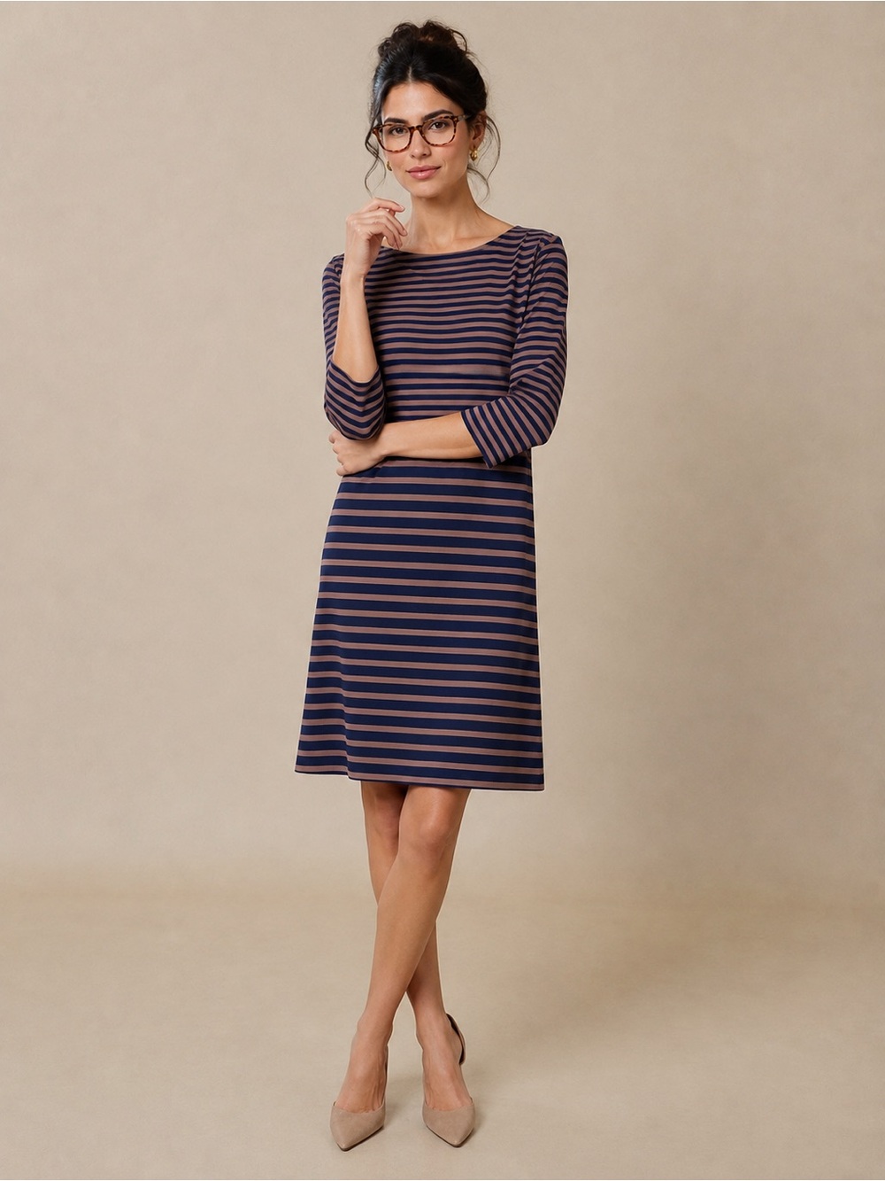 Lands’ End Camel & Black Striped 3/4 Sleeve Soft Flowy Knee-Length Dress 1X
